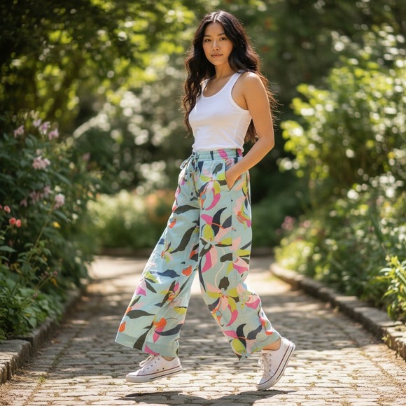 a new day Pants - A New Day Wide Leg Pants Medium Blue Floral Linen Blend Tropical Drawstring